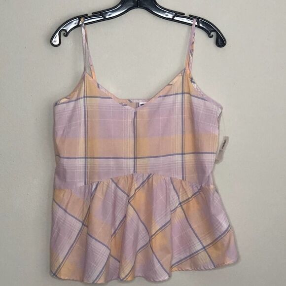 2/$30 Old Navy Pastel Pink Orange Plaid Peplum Top, M - Picture 4 of 7